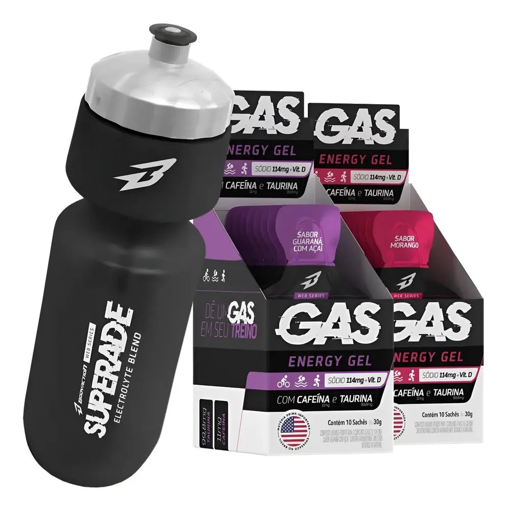 2x Caixas Gas Energy Gel 20 Sachês + Squeeze Bodyaction Guaraná Com Açaí/morango