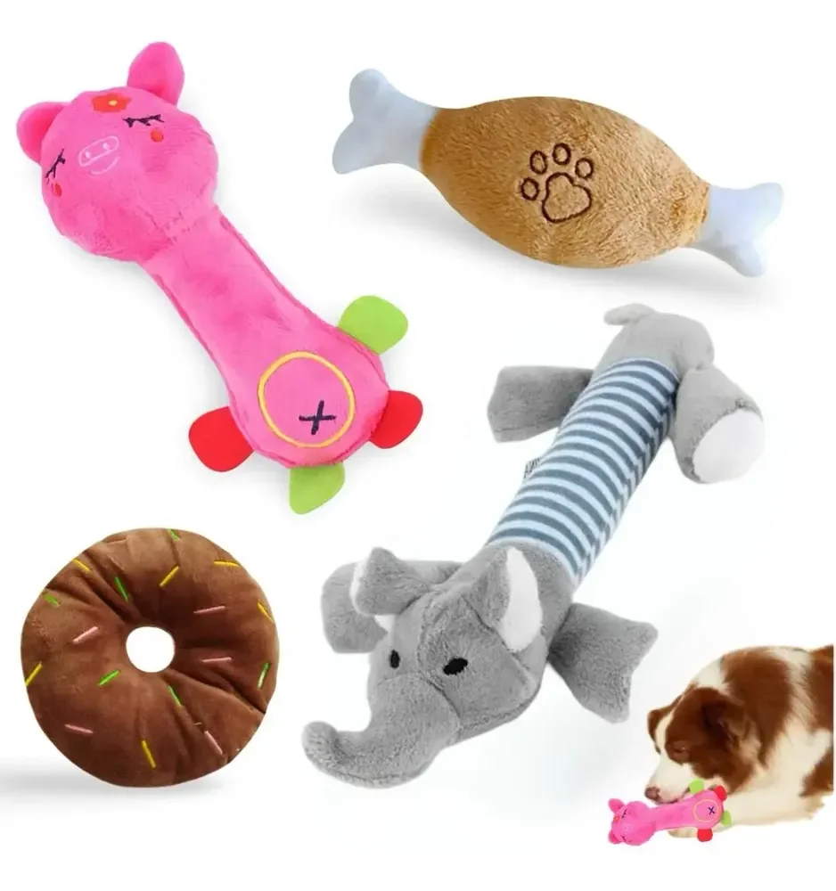 Kit 4 Pelúcias Mordedor com Som para Cachorro e Gato Bacon Born