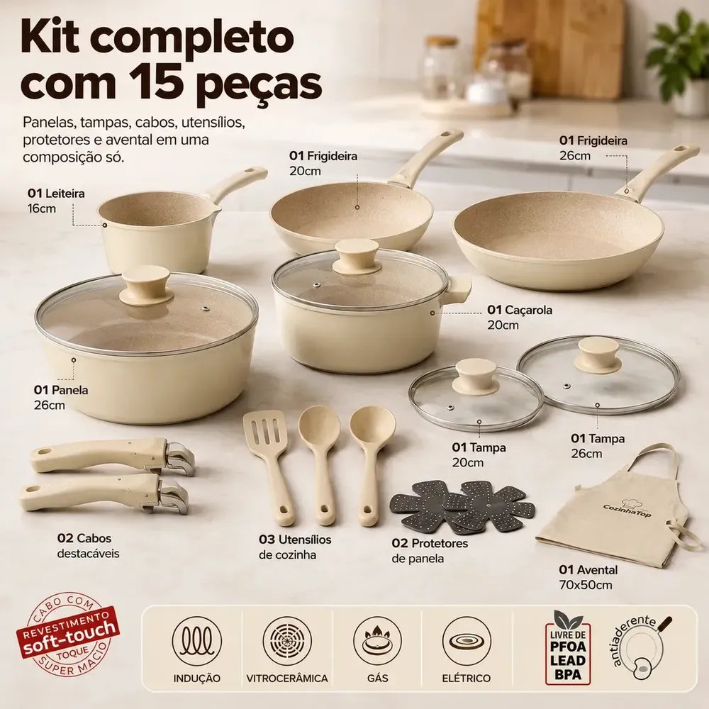 Jogo de Panelas 15 Peças Cozinha Top de Cerâmica, Antiaderente e com Cabo Removível para Indução