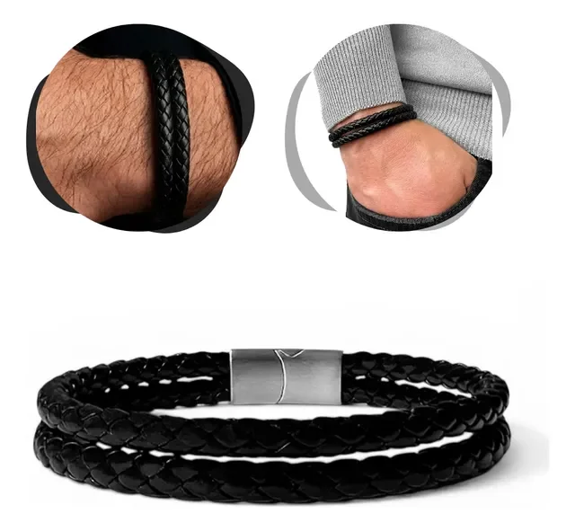 Pulseira De Couro Masculina Preta Trançada Elegante Fecho