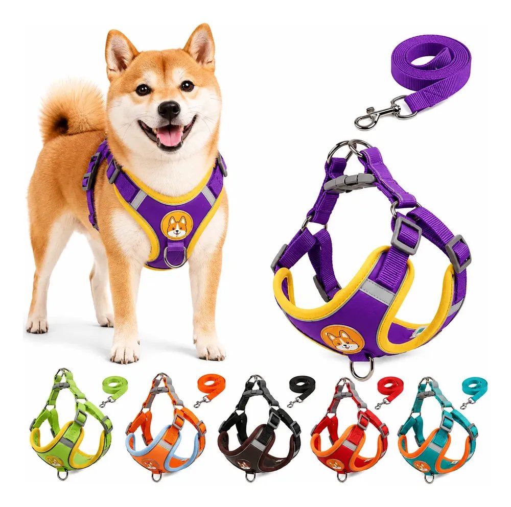 Coleira Peitoral Cachorro Gato Com Guia Ajustável Refletiva Roxo Refletivo M 3-6 Kg