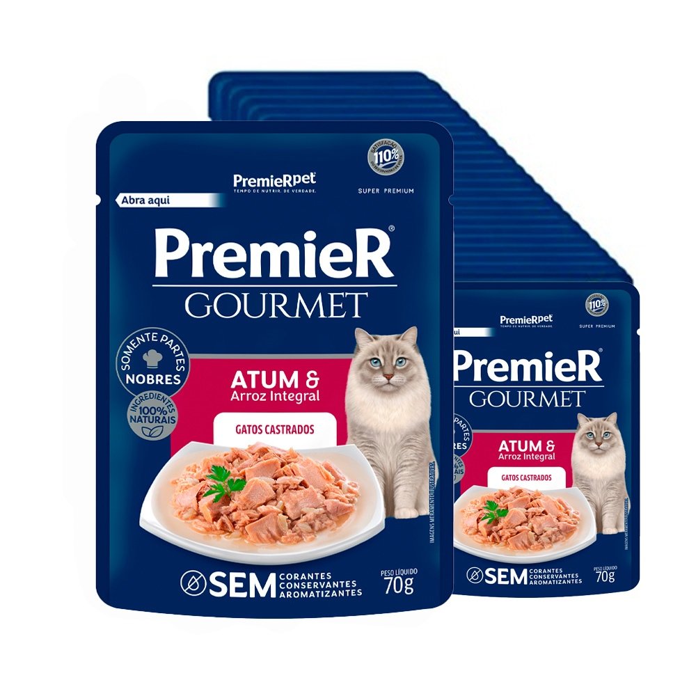 Kit 20un. Ração Úmida Premier Gourmet Gatos Castrados Atum e Arroz Integral 70g