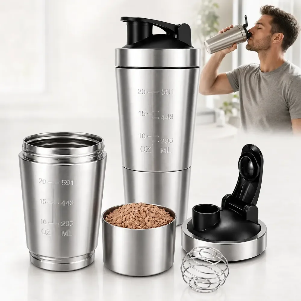 Coqueteleira Academia Whey Shakeira Inox 900ml Compartimento