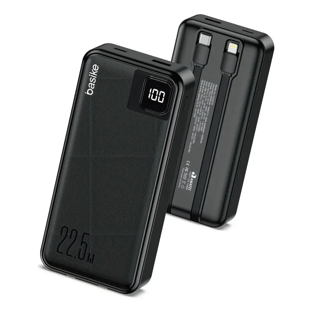 Power Bank Basike 20000mah Preto, Carga Rápida 22.5w Para iPhone E Samsung, Com Cabos Embutidos E Display