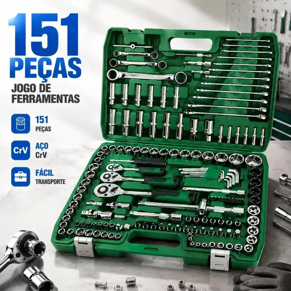Kit Jogo De Ferramentas Com Soquetes 151 Peças De Aço Crv Verde-musgo