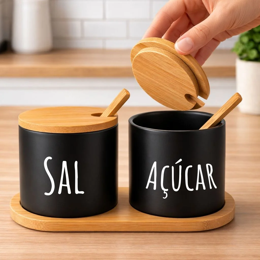 KIT SALEIRO E AÇUCAREIRO COM TAMPA DE BAMBU E COLHER – DESIGN MODERNO