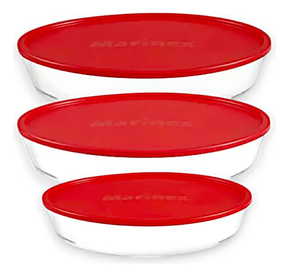 Kit 3 Assadeira Travessa De Vidro Oval Marinex Com Tampa  Vermelho Oval