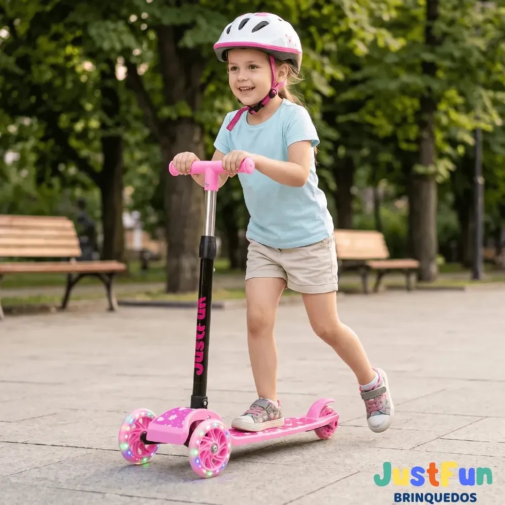 Patinete Infantil 3 Rodas De Led Dobrável Scooter Crianças JustFun Brinquedos Cor Rosa