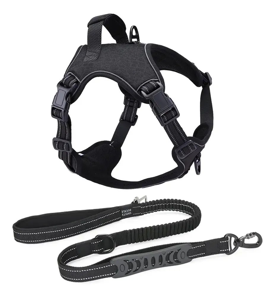 Coleira Peitoral Antipuxão Cães Madog Power + Guia Cinto Preto Xg