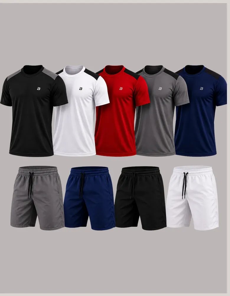 Kit 9 Peças Dry Fit Masculino 5 Camisas 4 Bermudas Premium Multicolorido Dry-liso P
