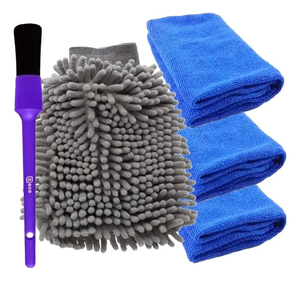 Kit 3 Panos de Microfibra e Luva Detailer + Pincel Externo Zacs de Detalhamento Automotivo