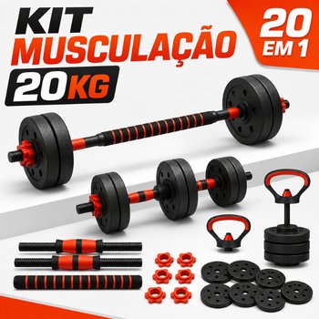 Kit Treino Funcional 20kg Musculação Barra Halteres Anilhas Supino Kettlebell Peso Ajustável