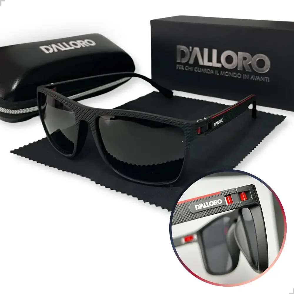 Óculos De Sol Masculino Polarizado Proteção Uv400 Original Premium Preto Preto Com Detalhes Vermelhos