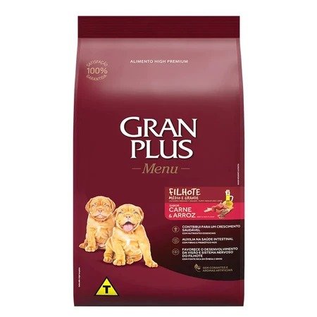 Ração GranPlus Menu Cão Filhote Carne e Arroz 15kg para Raças Médias e Grandes