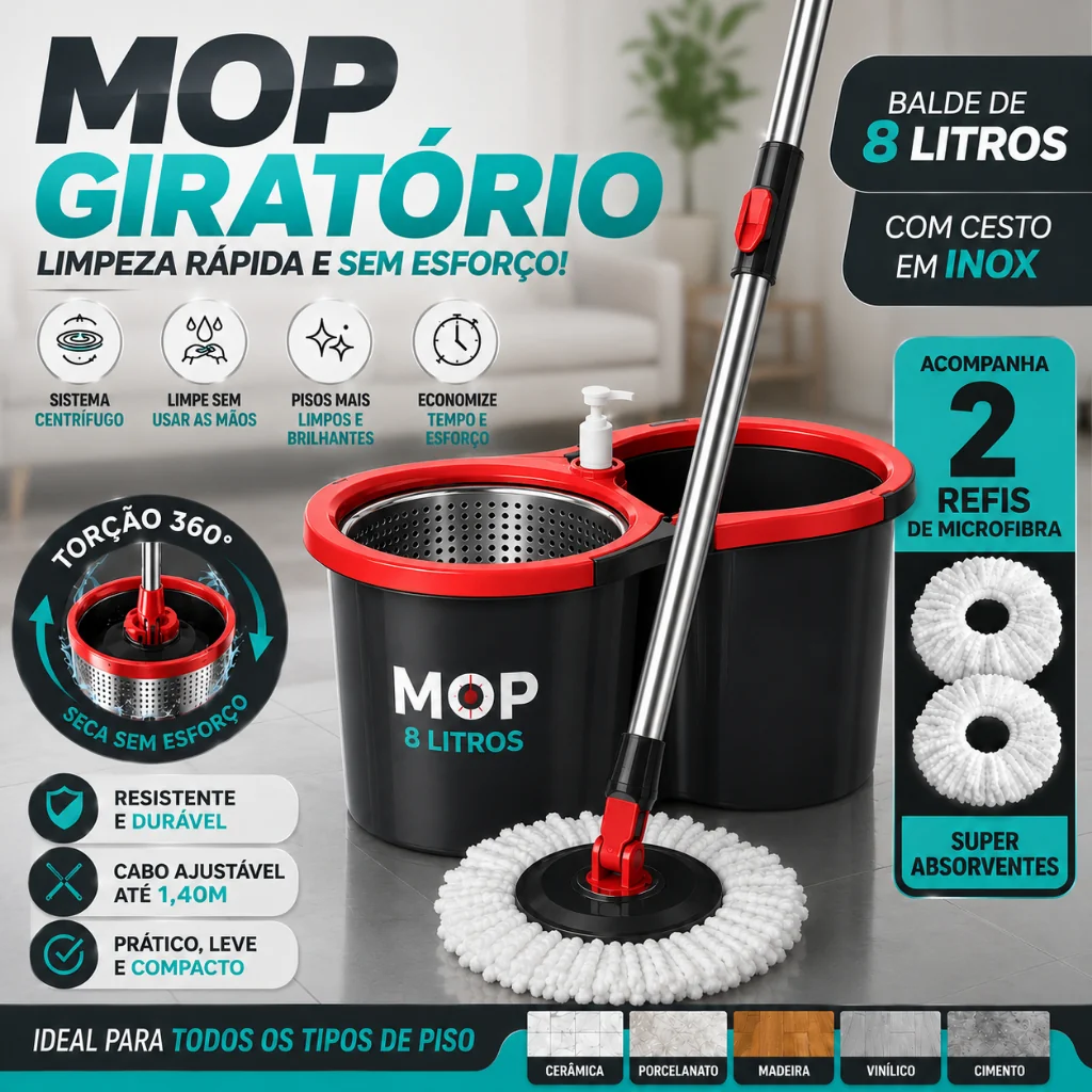 Mop C/ Cabo de 140 cm + 2 Refis - 8 Litros Cesto Em Inox - Balde Centrífuga - CH