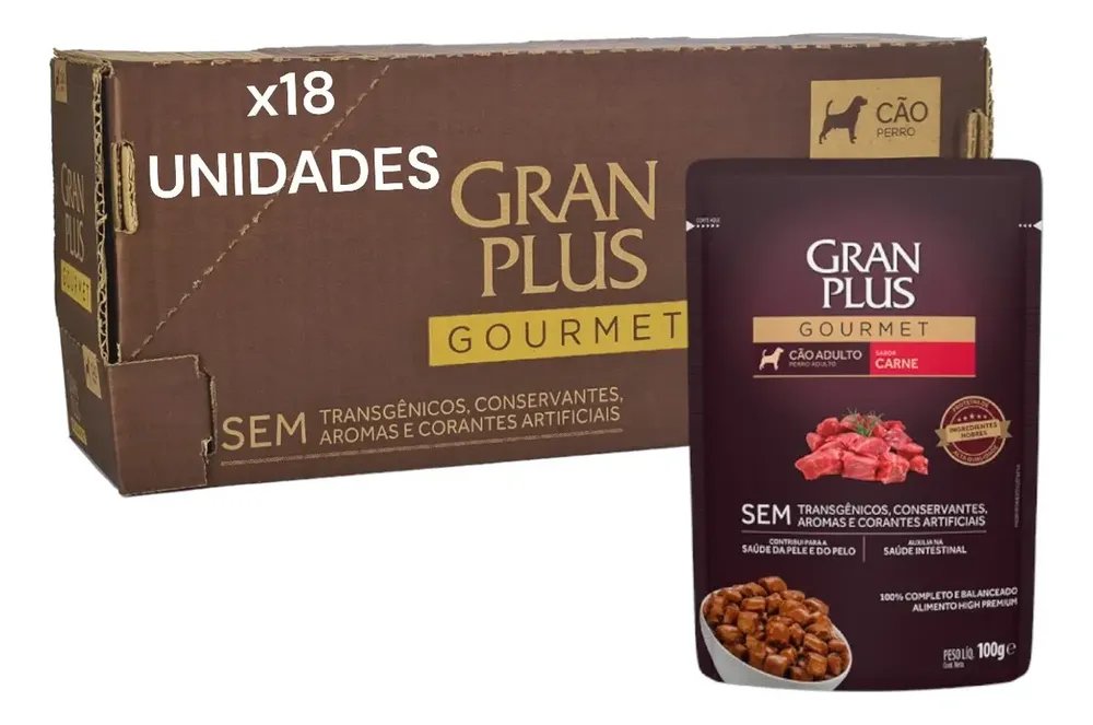 Sachê Gran plus Carne Cães Adultos caixa com 18 Sachês, 100g cada
