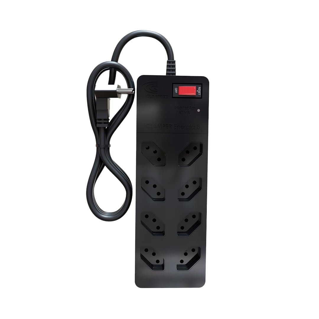 Filtro de Linha iCLAMPER Energia 8 com Proteção contra Surtos Elétricos(DPS) 8 Tomadas, 3 Pinos, 10 Amperes para PC, Notebook, Roteador, Monitor, Impressora, PS5, Alexa e etc, Bivolt, Cabo de 1m Preto