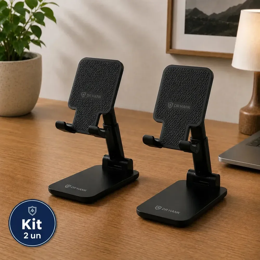 Kit 2 Suportes Celular Tablet De Mesa Ajustável Dobrável Universal Dr Hank Preto E Preto Base Antiderrapante Suporte E