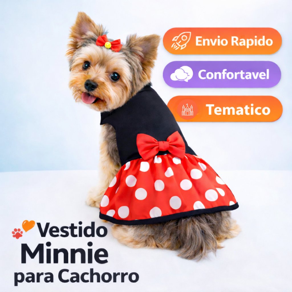 Vestido Minnie para Cachorro Roupa Pet Fêmea com Laço