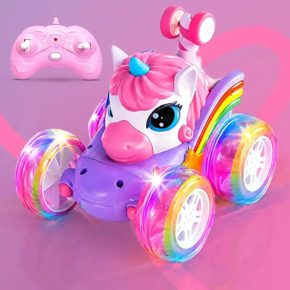 Carrinho Controle Remoto Bateria Recarregável Luzes Led Presente Brinquedo Kids Sem Fio Infantil Rosa Unicornio Rapido