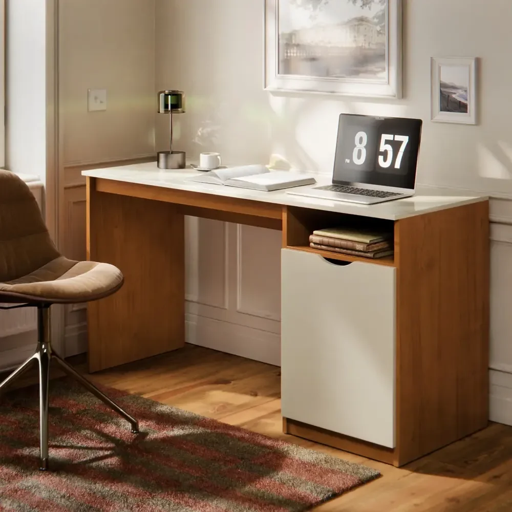 Escrivaninha Para Computador 115cm Com Porta E Nicho Mesa Home Office Escritório Quarto Estudo Notebook Moderna Canela Off White Nature Off