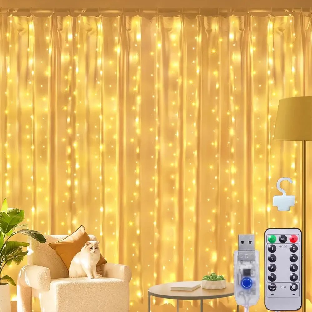 3*3m Cortina De Luz 300 Pisca Pisca Led Decoração De Natal Amarelo 110v/220v