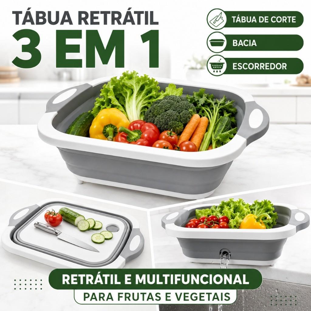 Tábua de Corte 3 em 1 com Bacia Retrátil e Escorredor para Frutas e Vegetais