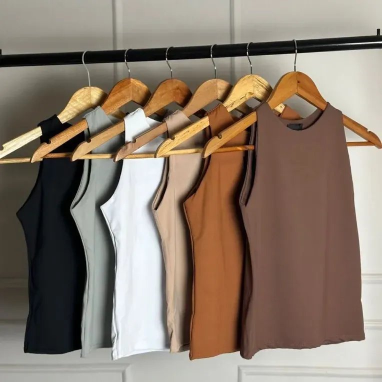 Kit 3 Regata Blusinha Feminina Suplex Duplo Básica Moda Preto/ Areia/ Marrom M