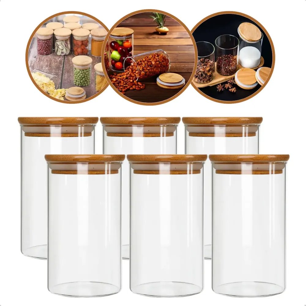 Kit Com 6 Potes De Vidro C/ Tampa De Bambu Hermético 300ml Sem Cor