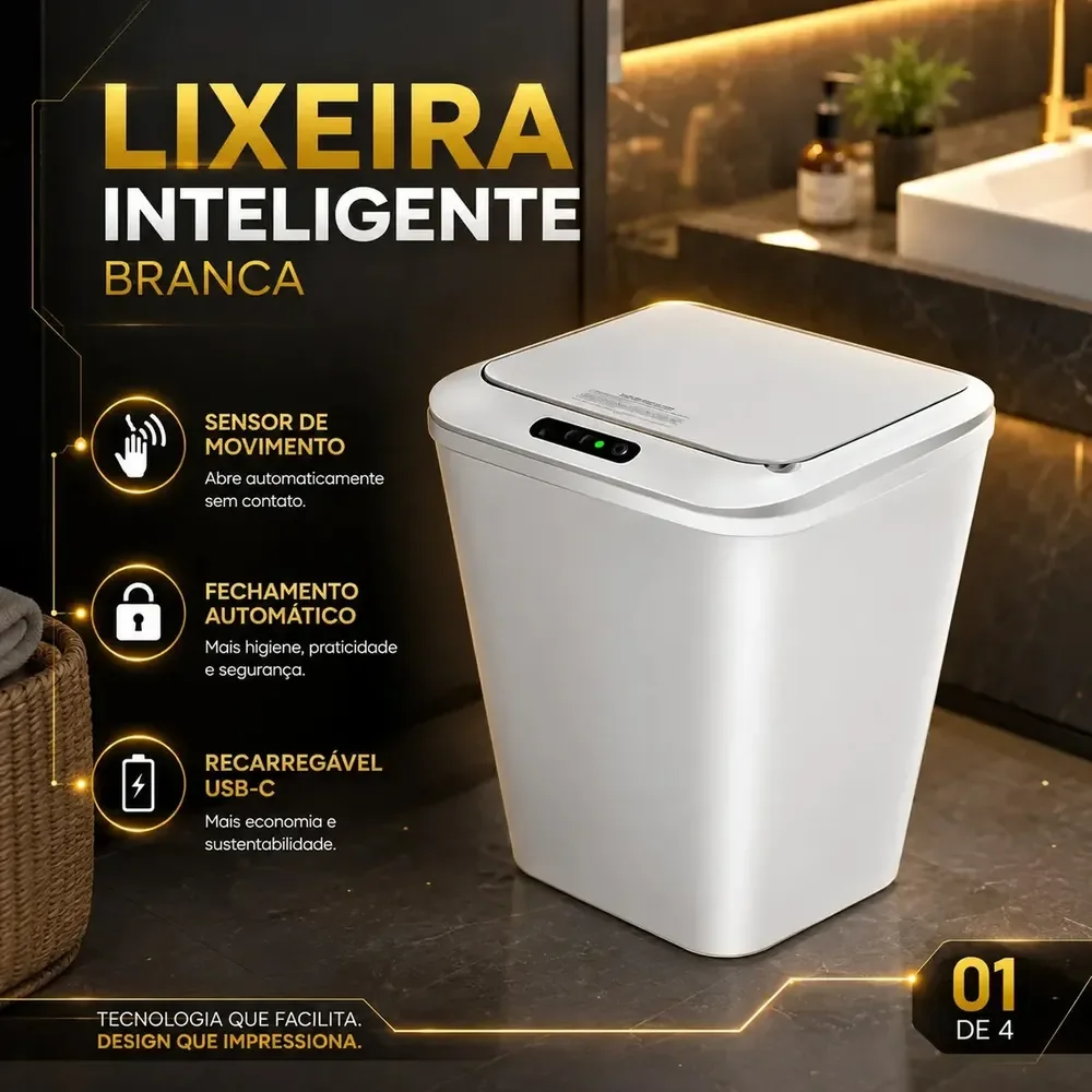 Lixeira Inteligente Automática Branca Universal Com Sensor Hearbuds Recarregável Anti Odor 16L