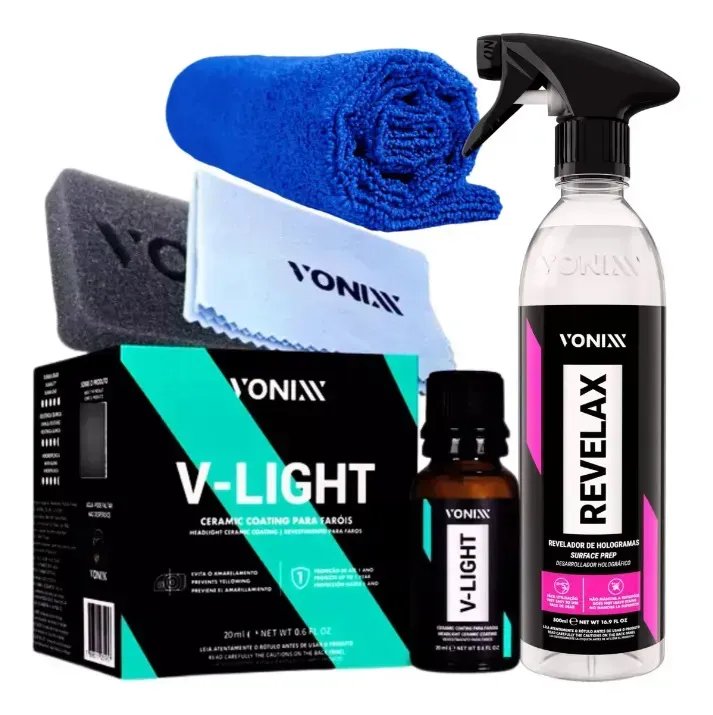 Vitrificador de Faróis Vonixx V-Light 20ml + Revelax Limpeza e Proteção