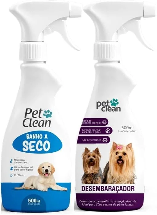 Kit Pet Clean Banho a Seco 500ml + Desembaraçador Spray 500ml para Cães e Gatos – Higiene Sem Enxágue, Remove Odores, Facilita Escovação, Pelos Macios e Perfumados, Uso Veterinário