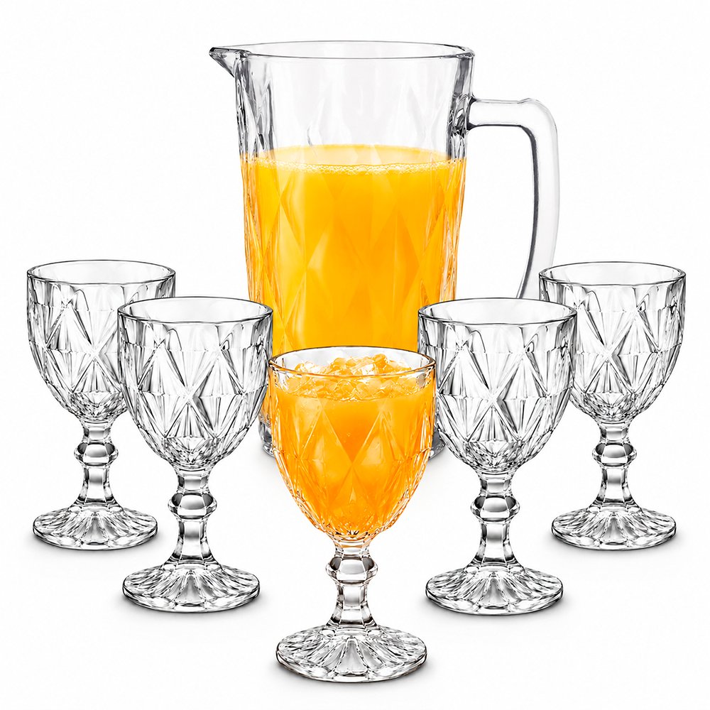 Jogo De Jarra 1100ml Diamond + 4 ou 6 Taças 340ml Diamond Suco Agua Transparente Luxo