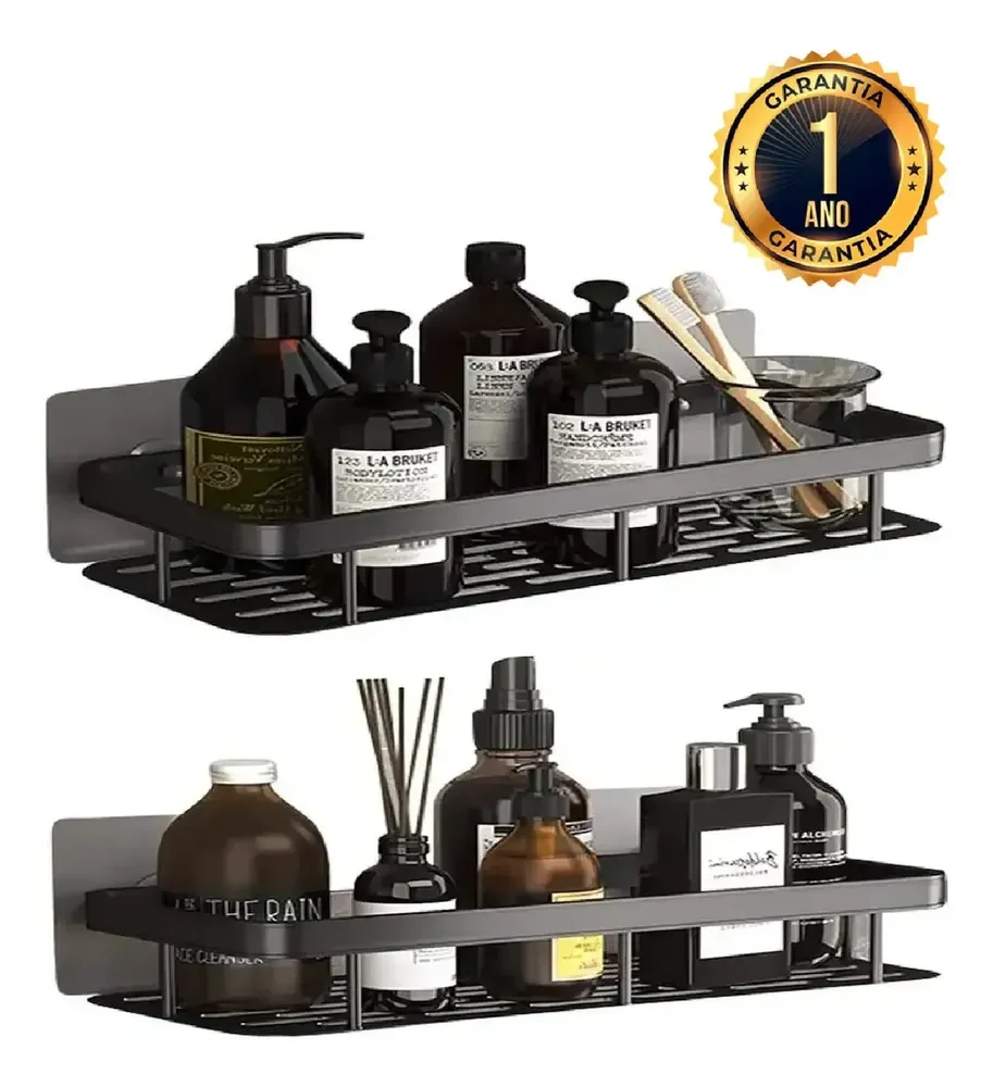 Kit 2 Suporte Porta Shampoo Sabonete Prateleira Banheiro Adesivo Parede Sem Furar Box Luxo Cor Preto Homeroarte