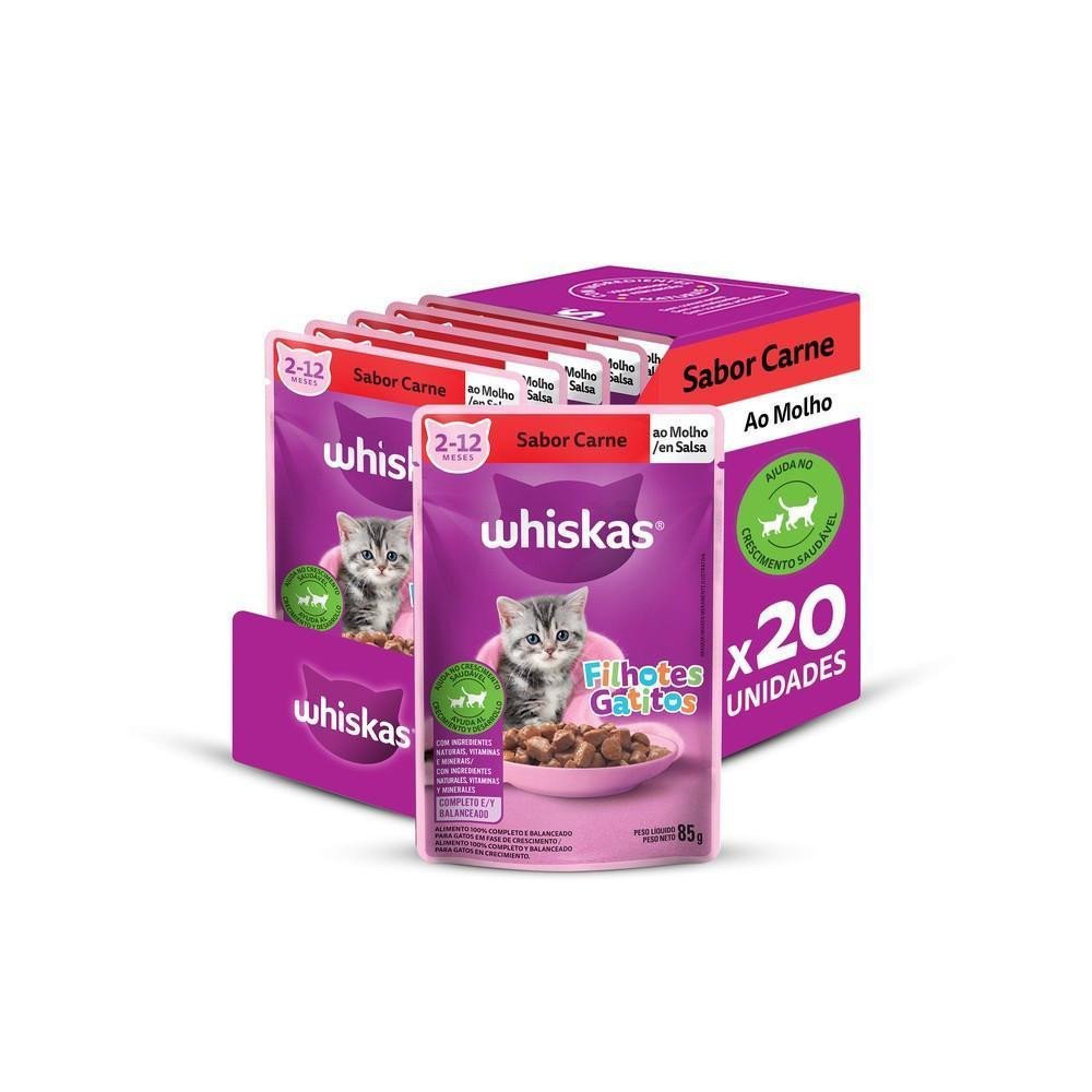 Kit Ração Úmida Carne ao Molho para Gatos Filhotes 20 Unidades Whiskas Sachê