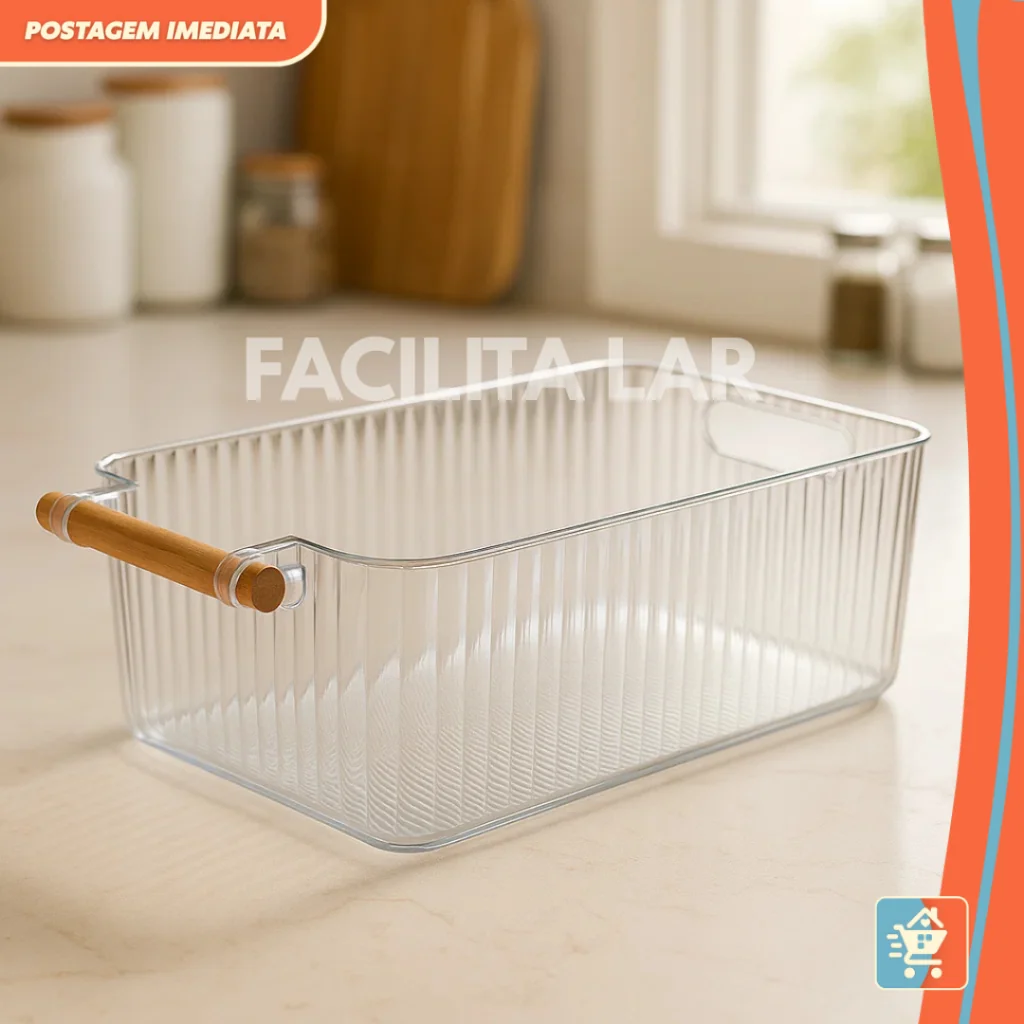 Cesto Organizador de Acrílico Transparente com Alça de Bambu – Cozinha, Banheiro e Escritório