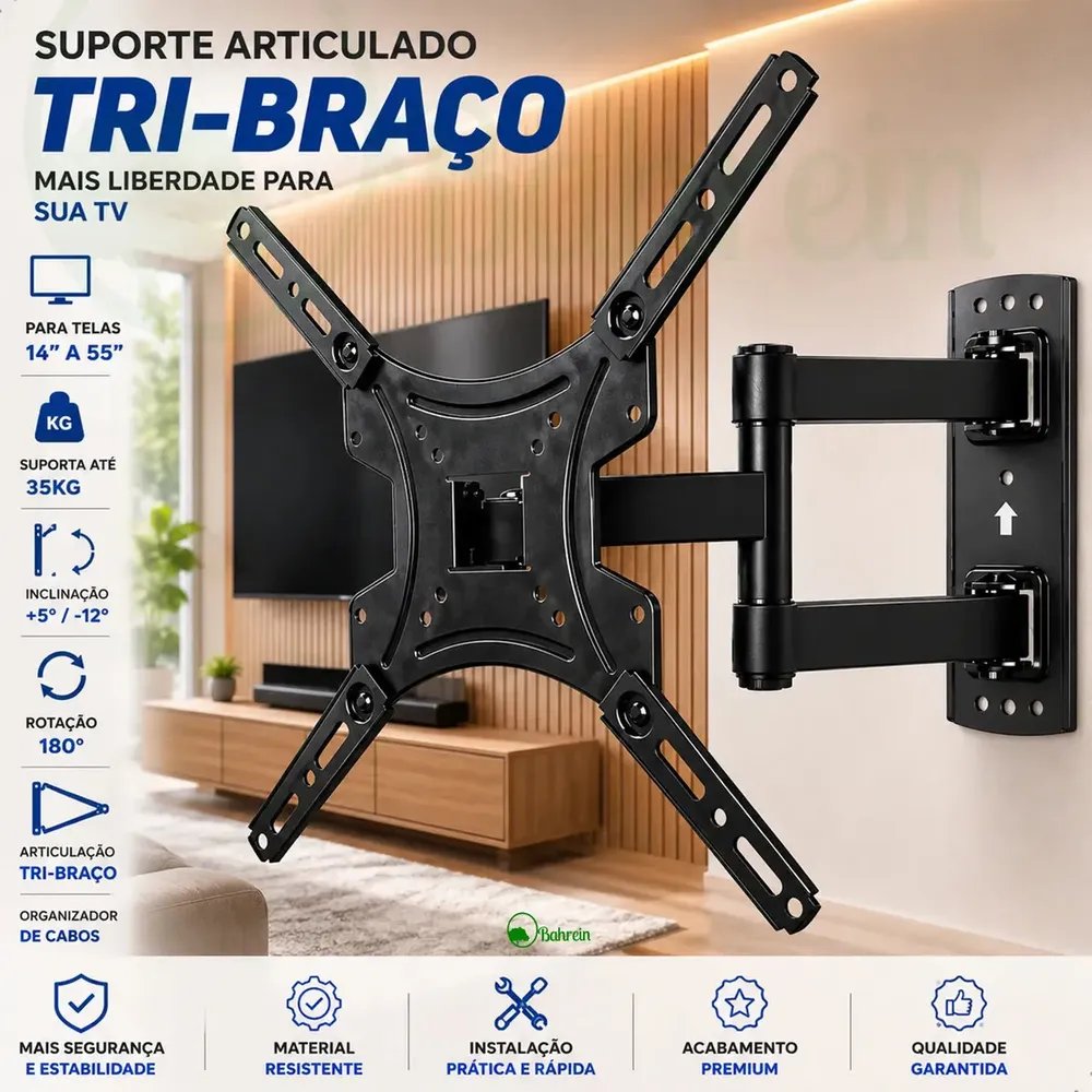 Suporte de Bahrein Articulado Tri-Braço para Telas de 14" a 55" Preto Suporte Tri-articulado Braço Longo Reforçado Regulável E Inclinável Lcd Led Plasmas - Bahrein
