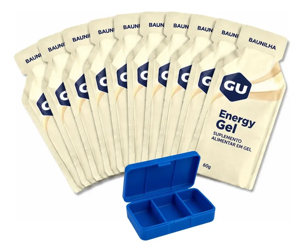 Kit 10 Sachês Gu Energy Gel + Porta Cápsulas Baunilha