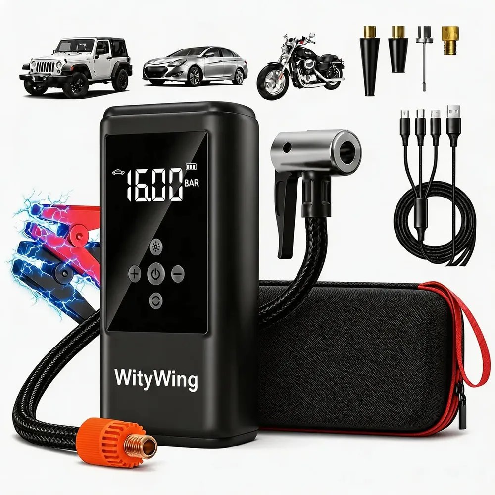 Auxiliar De Partida Veicular Portátil 16000mah Multifuncional 6 Em 1, Lanterna Led Multimodos,calibrador De Pneus Portátil Para Carros Motos Bicicletas Bolas