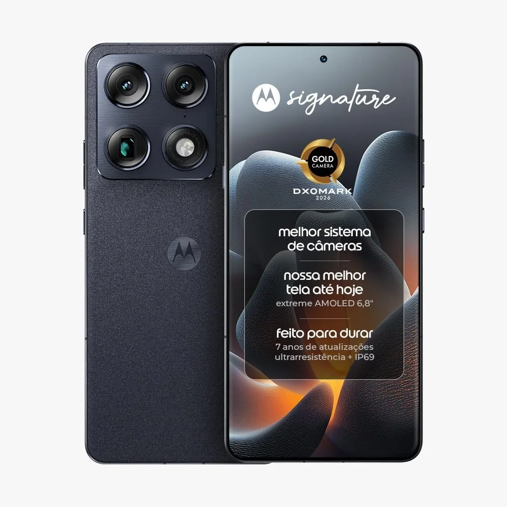 Smartphone Motorola Signature 5G - 512GB 24GB (12GB RAM + 12GB RAM Boost), 3 cameras 50MP Sony Lytia e Zoom 100x, Tela 1.5K extreme Amoled 165hz - Preto