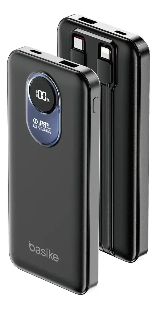 Carregador Portátil Basike de 10.000mAh com Cabo Embutido e Carga Rápida