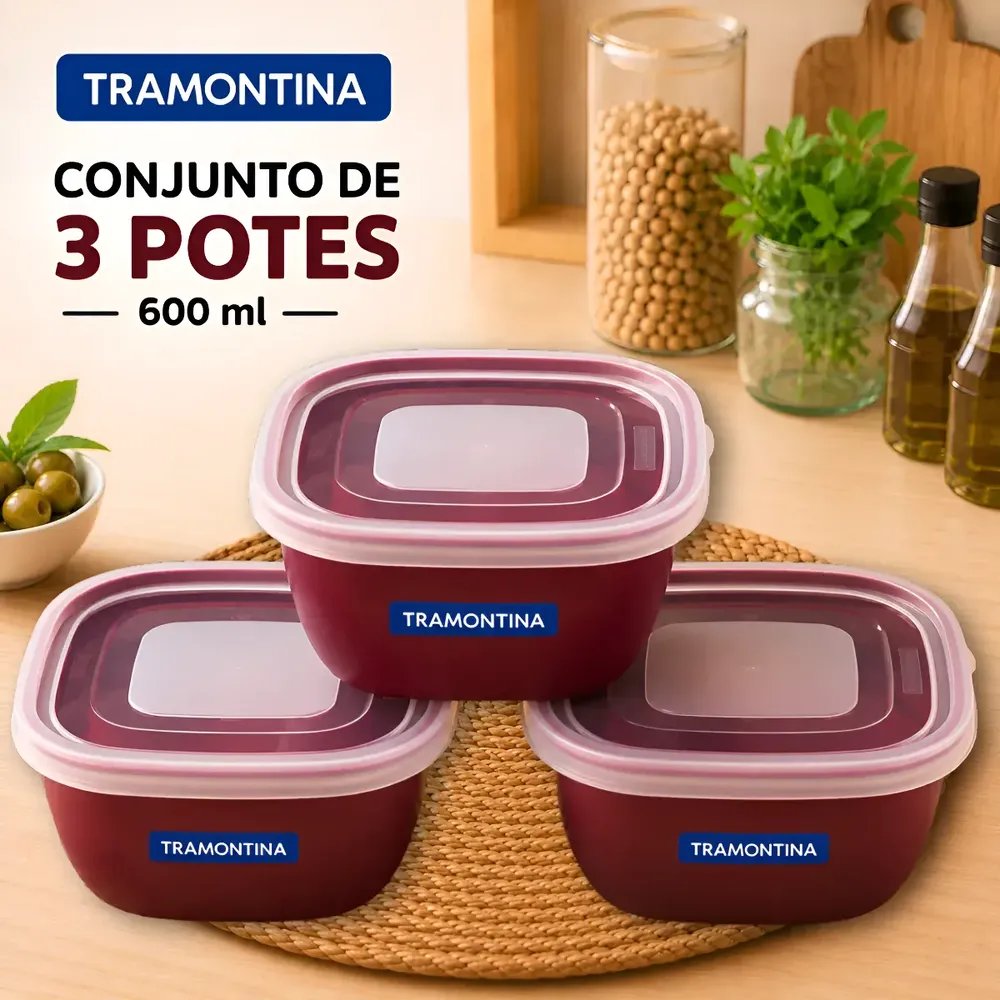 Conjunto Kit 3 Potes Herméticos Tramontina Mix Color 600 Ml Bordô