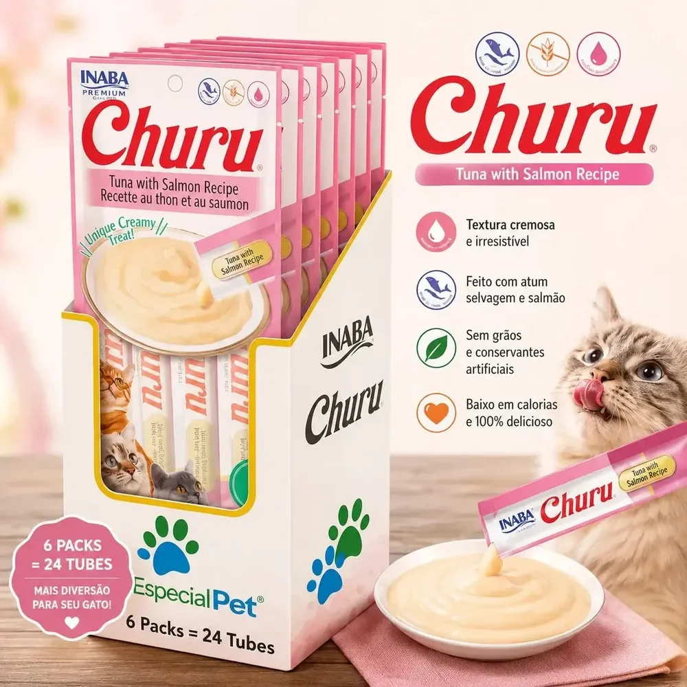 Churu para Gatos: Petisco Úmido de Atum e Salmão em Kit c/ 6 Pacotes (24 Sachês) - Especial Pet
