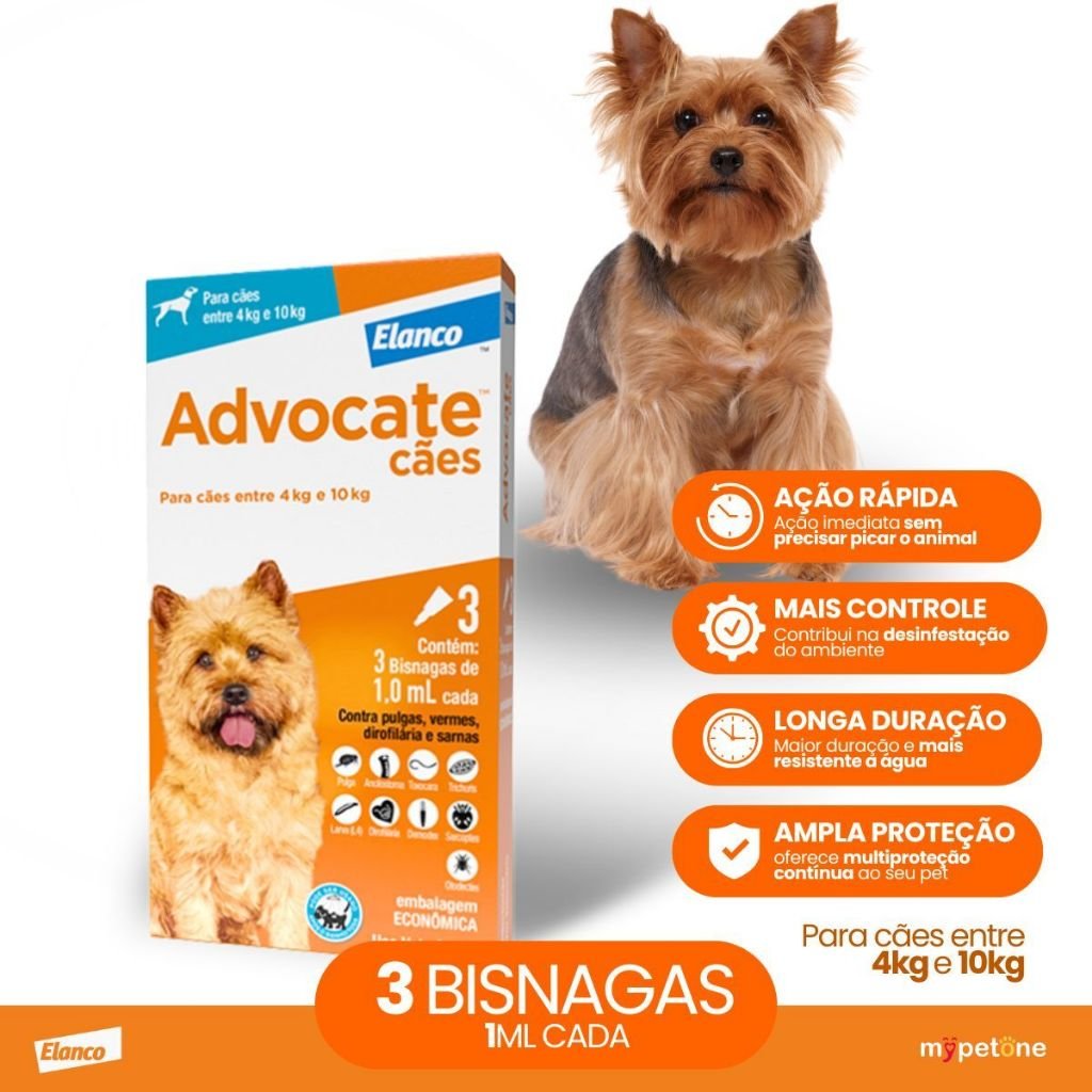 Advocate Elanco 1,0 mL para Cães de 4 Kg até 10 Kg - 3 Bisnagas