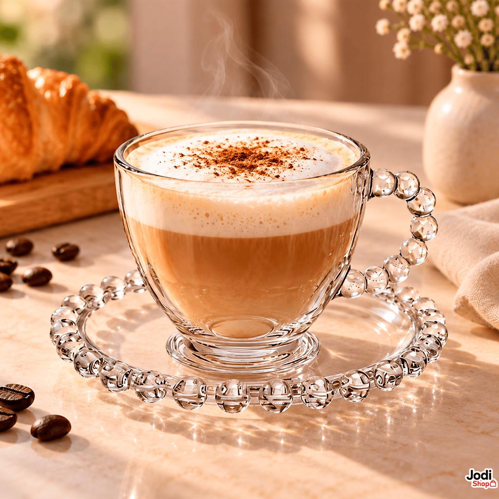 Jogo de Xícaras Vidro 220ml com Pires Pearl Pérola Bolinha Café Chá 6 12 ou 18 Peças