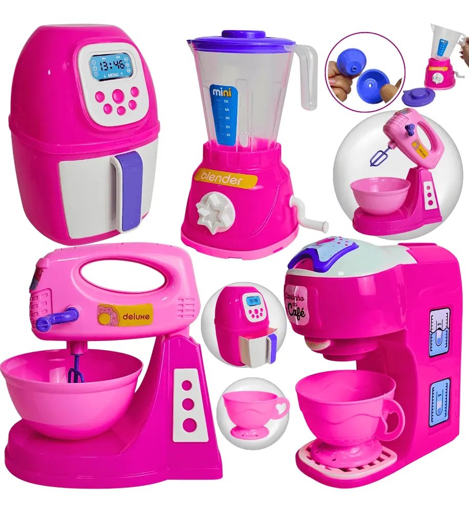 Kit Cozinha Brinquedo Infantil 8pçs Eletrodomésticos Potes Rosa E Verde