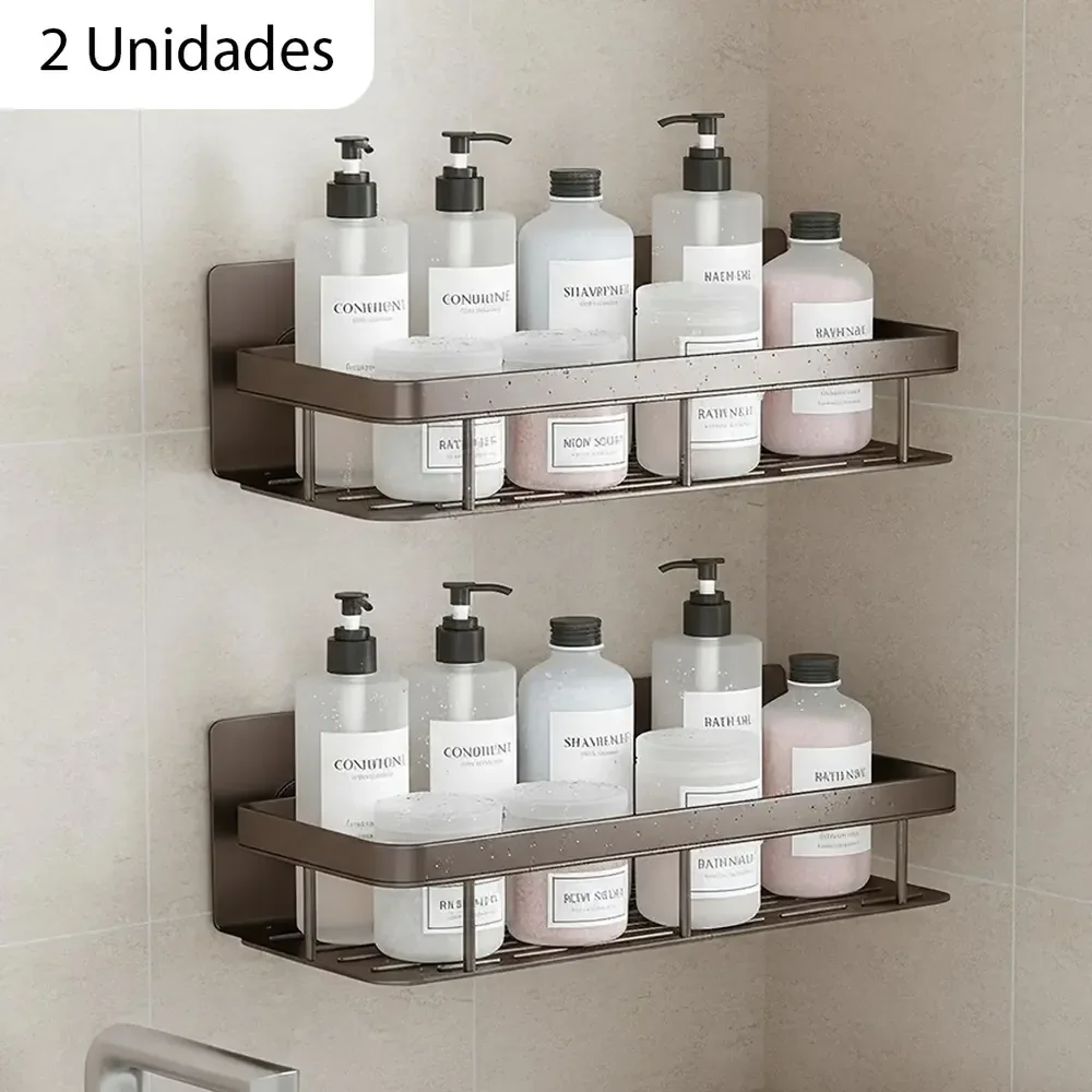 Kit 2 Suporte Shampoo Sabonete Prateleira Banheiro De Parede Box Sem Furar Sem Parafuso Cor Cinza Grafite Chumbo Aluminio Organizador De Chuveiro Adesivo