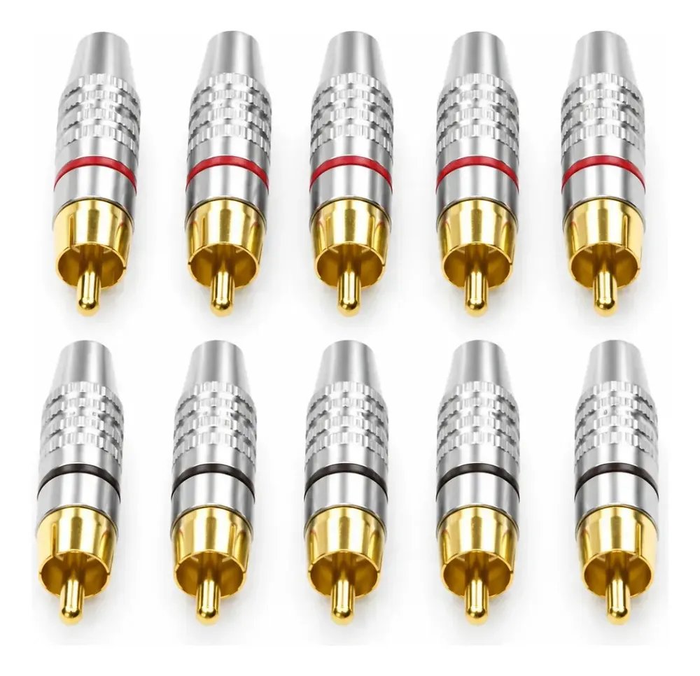 Plug RCA Macho Kit 10 Unidades Bertô Metal Niquelado Ponta Banhada a Ouro, 5 Anéis Vermelhos e 5 Pretos, Encaixe Firme, Nota 4.8 em 469 Avaliações, Ideal para Som Automotivo, Home Theater e Cabos Pers