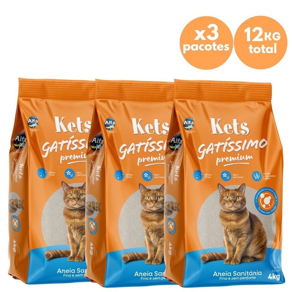 Areia Sanitária Premium Kets Gatissimo 12kg para Gatos Kit 3 pacotes com 4 Kg