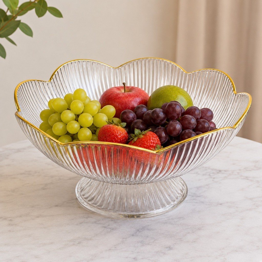Fruteira Centro De Mesa Transparente Com Borda Dourada Luxo Premium